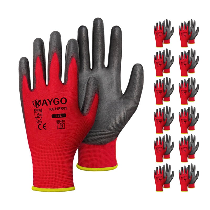 KAYGO Safety Work Gloves PU Coated for Men and Women, 12 Pairs KG11P Seamless Knit Glove with Polyurethane Coated Smooth Grip on Palm and Fingers, Ideal for General Duty Work (L, Red) - Image 1
